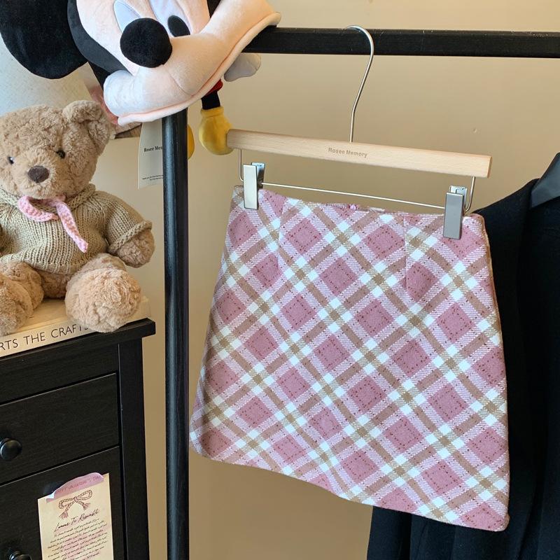 Women s Pink Plaid Wool A-line Skirt – Korean Style, Hip Wrap, Short, Autumn Fashion M