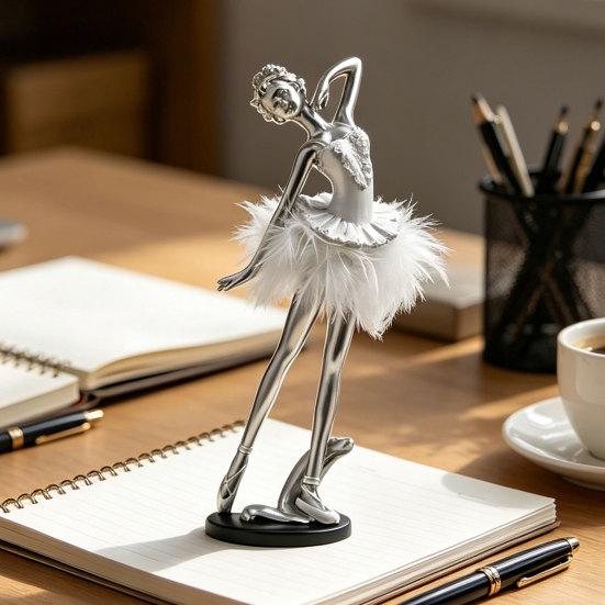 Resin Ballet Girl Figurine,  Modern Ballerina Dancer Statue with Feather Skirt, Gold Silver Metal Line Art Ornament, Cute Desktop Accessories for