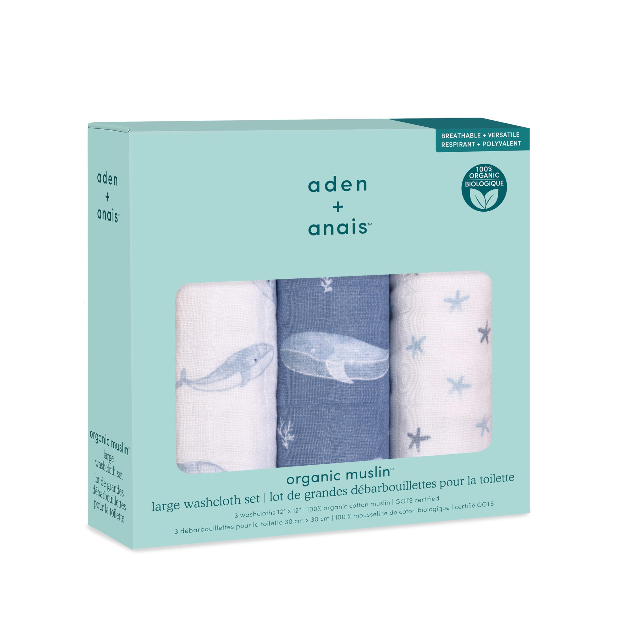 

aden anais Ocean Марлевый набор x дюймов x 30 Органический с Baby Shower WCADABAWCO30001 + Полотенца, 3, 11,8 11,8 (30 см), Хлопок, Петли, Подарок,