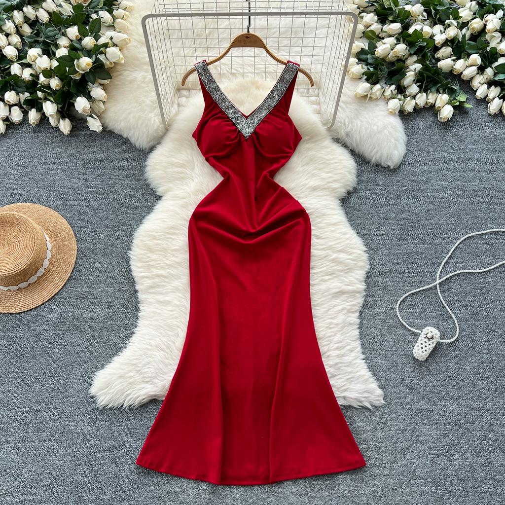 Summer Women V-neck Sleeveless Beaded Solid Evening Party Mermaid Fishtail Long Midi Dresses