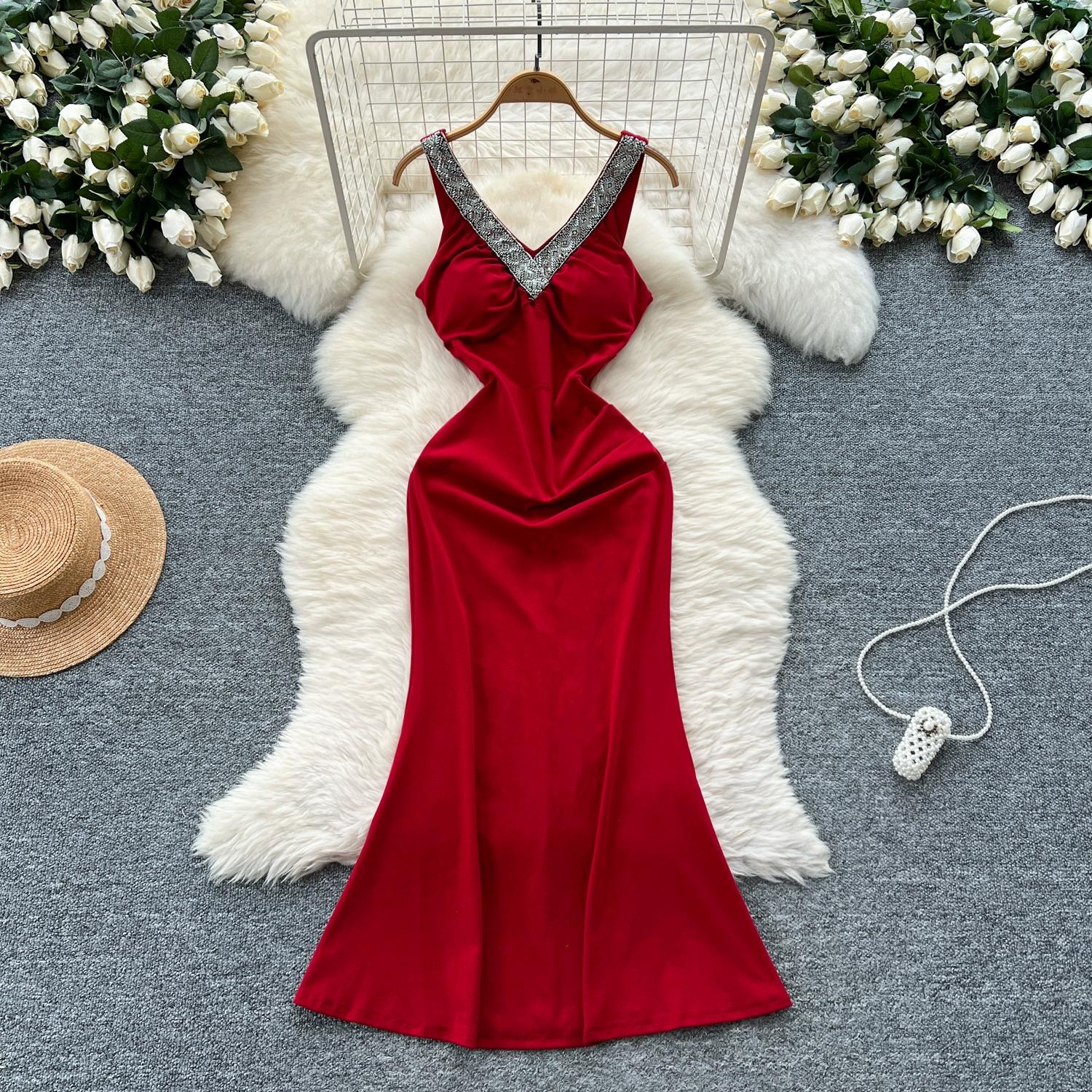 

Літні жіночі сукні міді з V-подібним вирізом, без рукавів, з бісером, однотонні, вечірні, для вечірки, русалка, з риб ячим хвостом, довгі M червоний