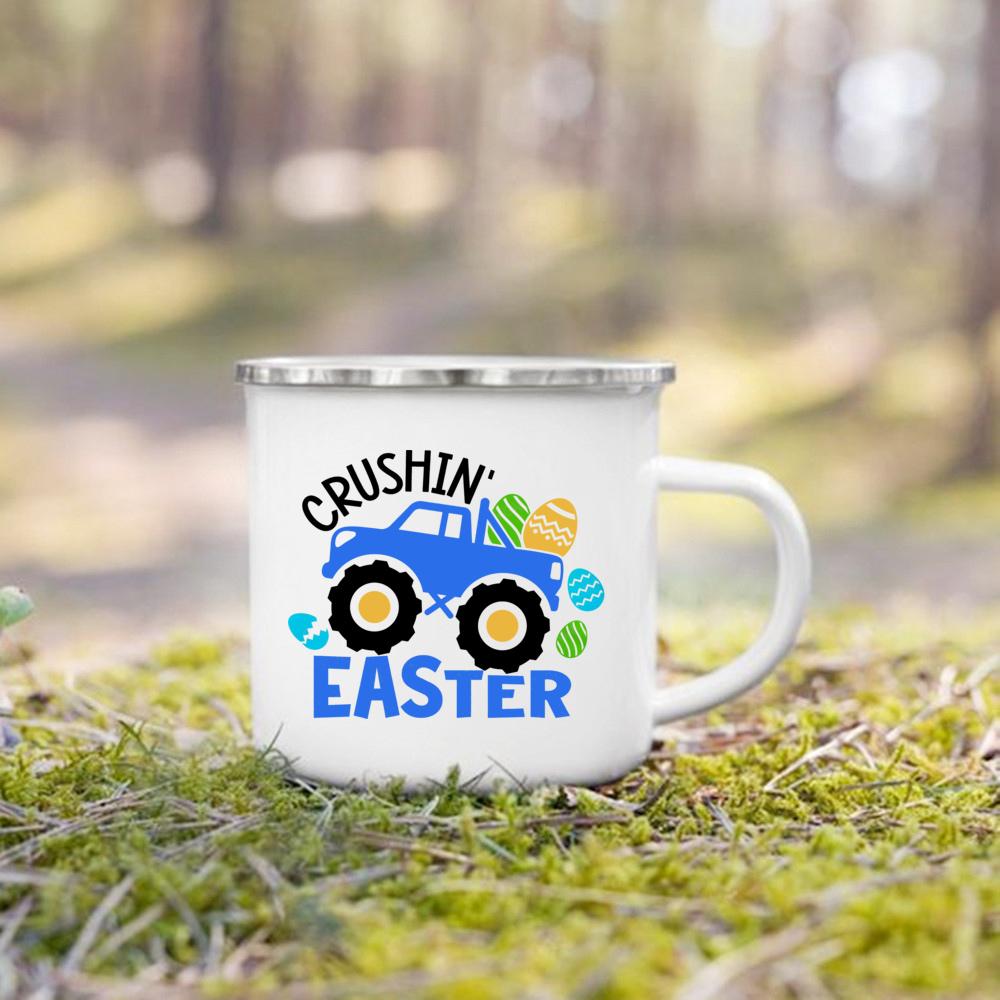 Cute Bunny Egg Print Cups Happy Easter Enamel Mugs Fall Easter Party Wine Juice Mug Dessert Cocoa Milk Handle Cup Gift for Child