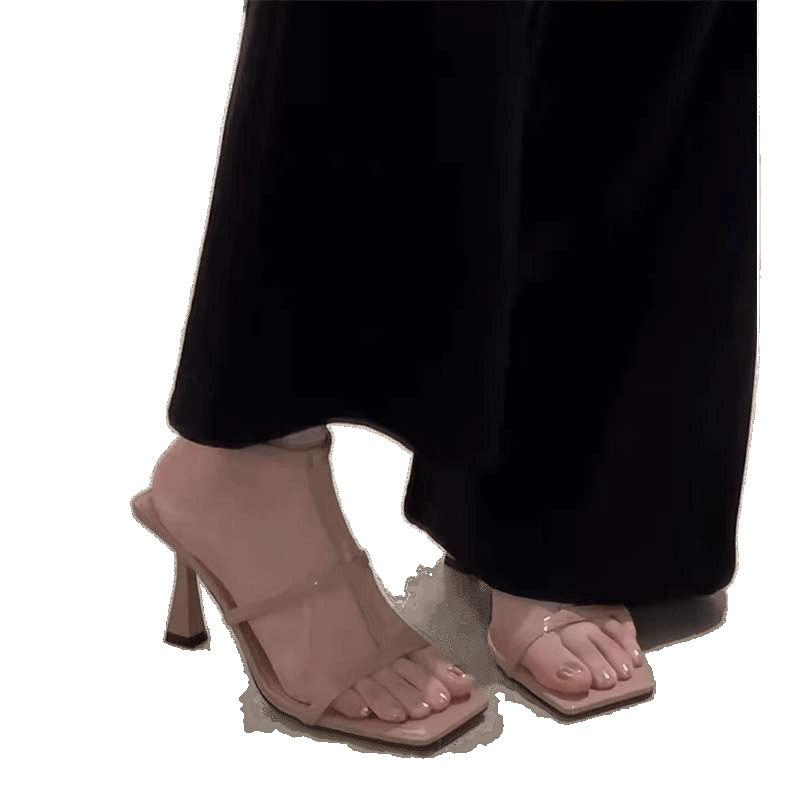 2025 Summer New French Naked Pink High Heels Women's British Style Word with Square Head Thin Heel Sandals Women's Open Toes