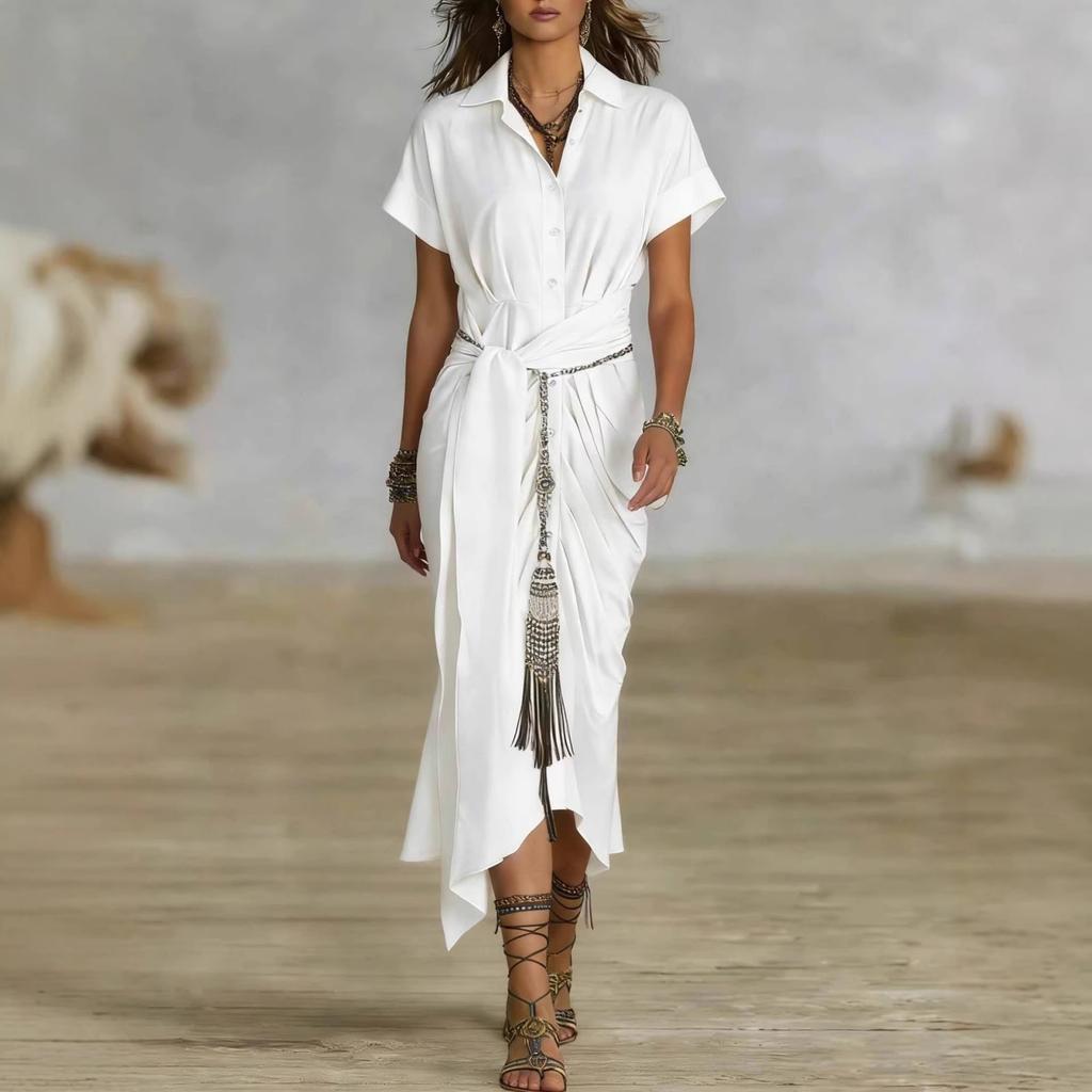 Women's -color Short-sleeved Pleated Bohemian Shirt Dress