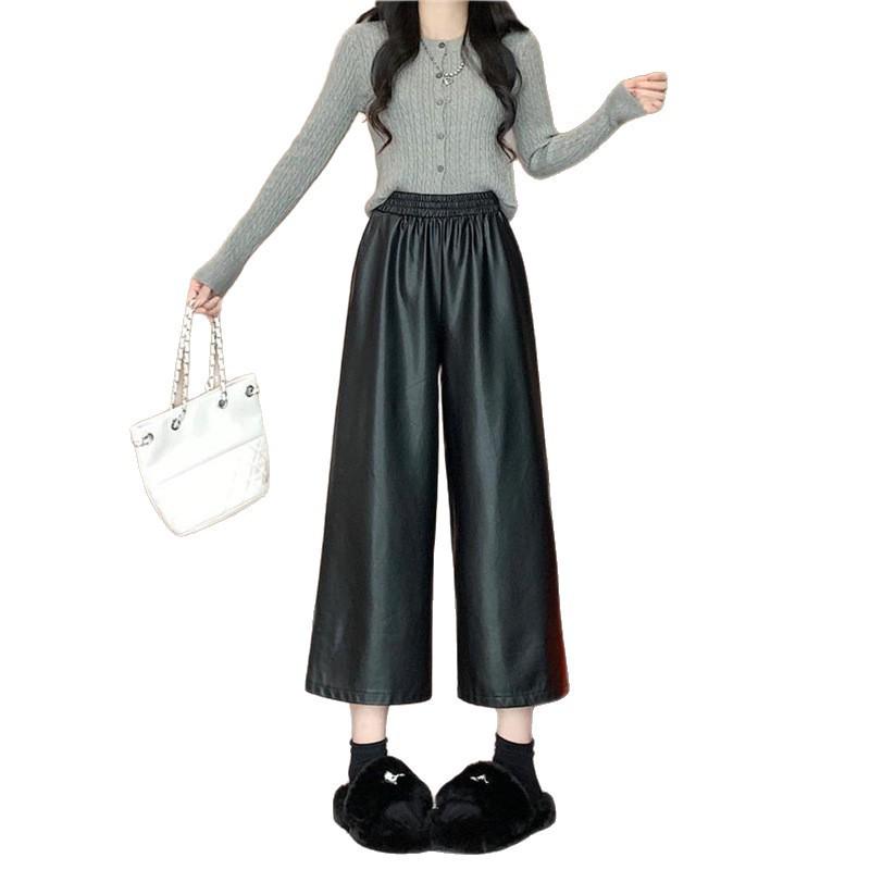 2024 Autumn/Winter Women's Casual Retro PU Leather Wide-Leg Pants - Petite Straight/Cropped Style
