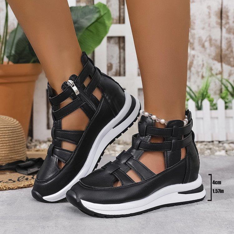 Large size strip hollow sandals summer slope heel round head side zipper thick sole casual style women's shoes
