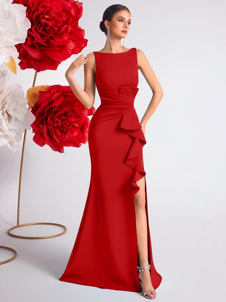 Elegancka europejska i amerykańska długa suknia wieczorowa z plisami w talii - Moda high-end dla pań