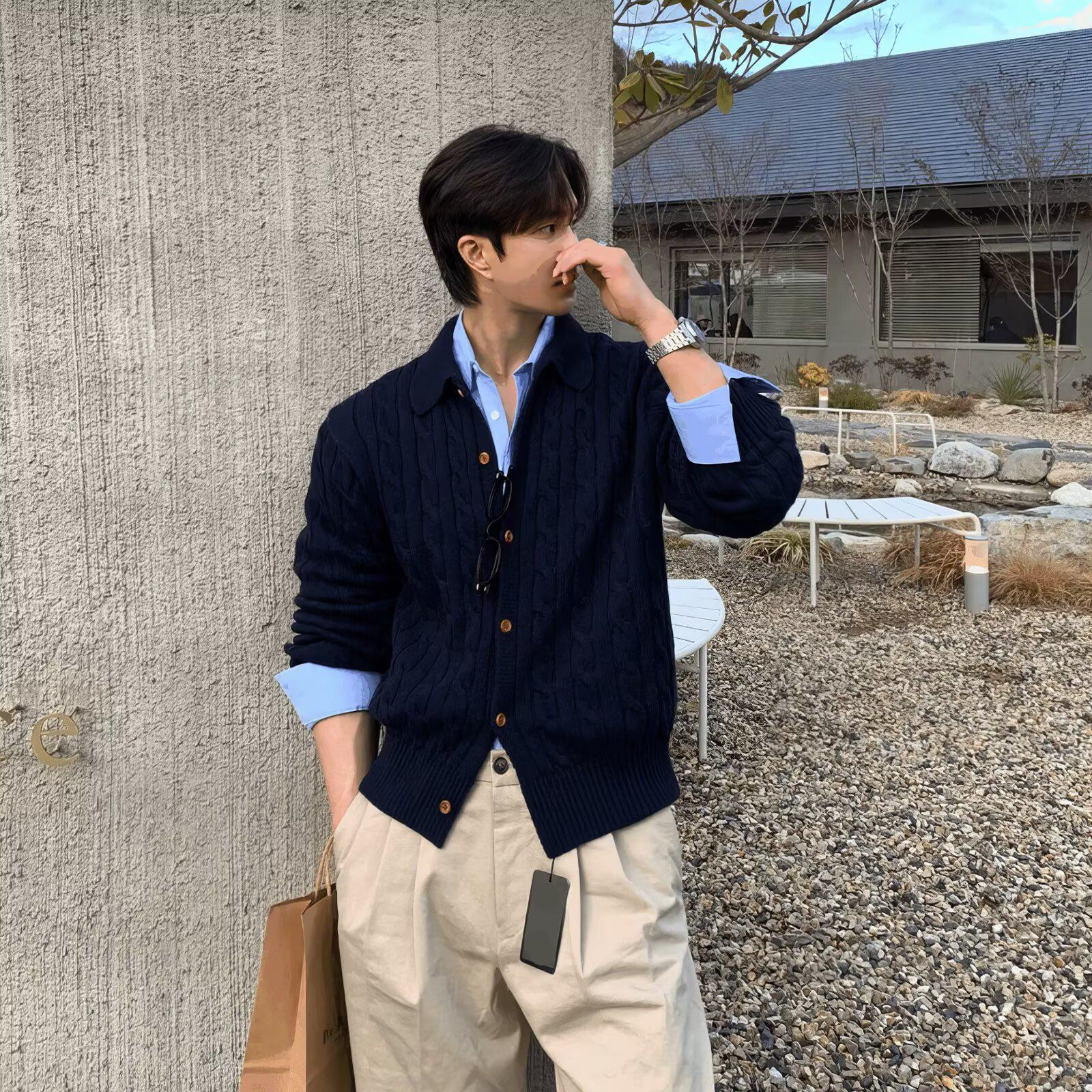 

Men s Retro Korean Style Cable Knit Sweater - Casual Loose Fit 2XL Темно-синій