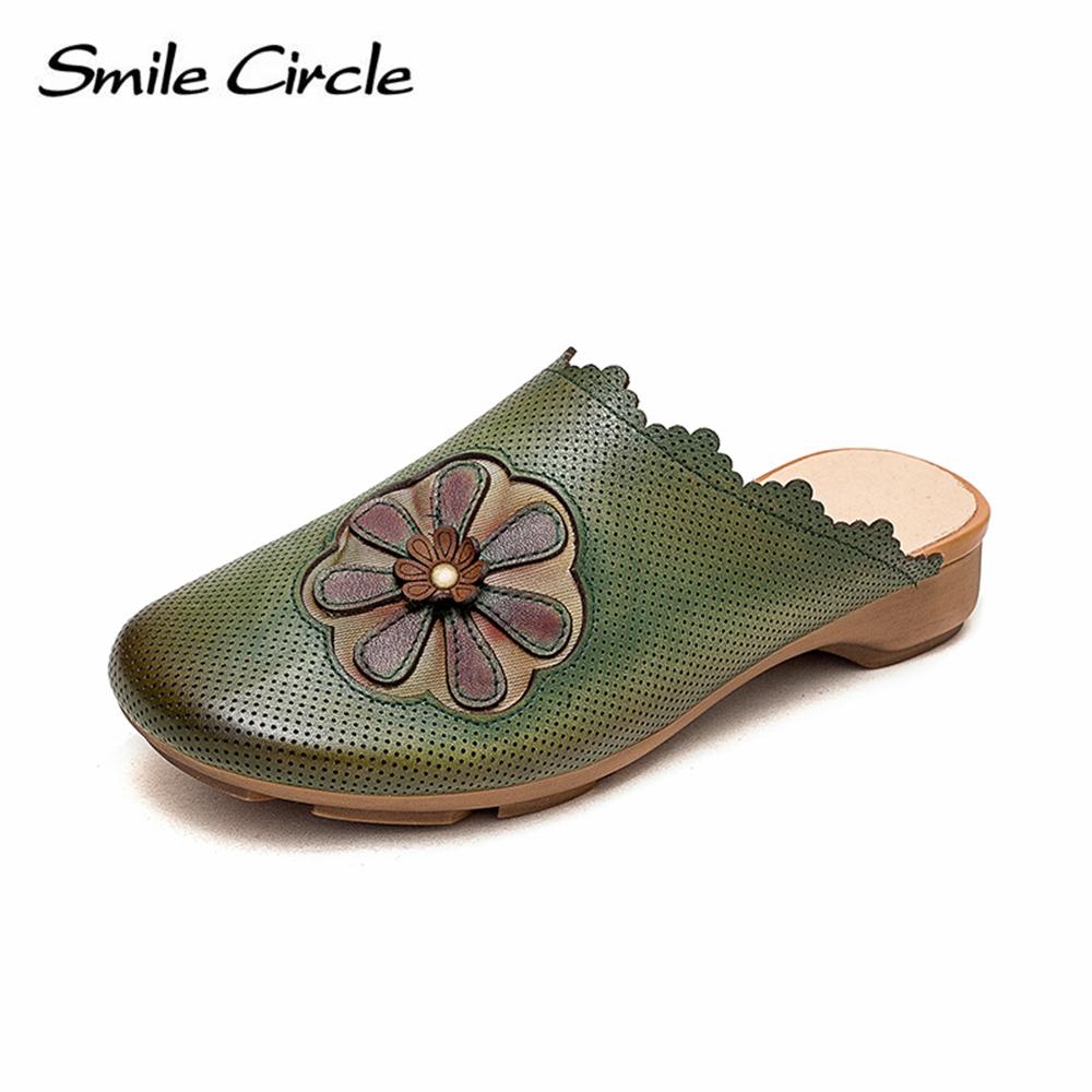 

Женские тапочки из натуральной кожи с вышивкой, сандалии с круглой головкой, модные туфли в стиле ретро на плоской подошве 35 зелёный