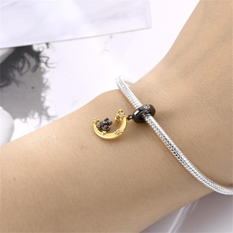 100%Stering Black Cat Charms Beads Moon Crescent Pendant Fit Original Bracelet Diy For Women Jewelry