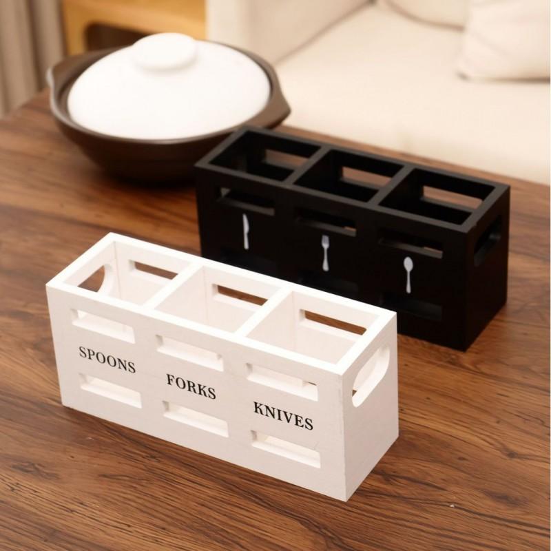 Wooden Cutlery Organizer Box Kitchen Countertop - Minimalist Solid Wood Storage Tray Spoons Forks Knives