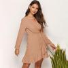 Elegant Polka Dot Ruffle Wrap Asymmetrical Women Summer Dress V-Neck Full Sleeve Sexy