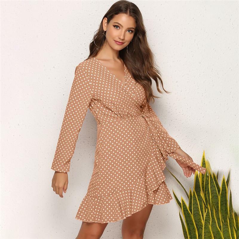 Elegant Polka Dot Ruffle Wrap Asymmetrical Women Summer Dress V-Neck Full Sleeve Sexy