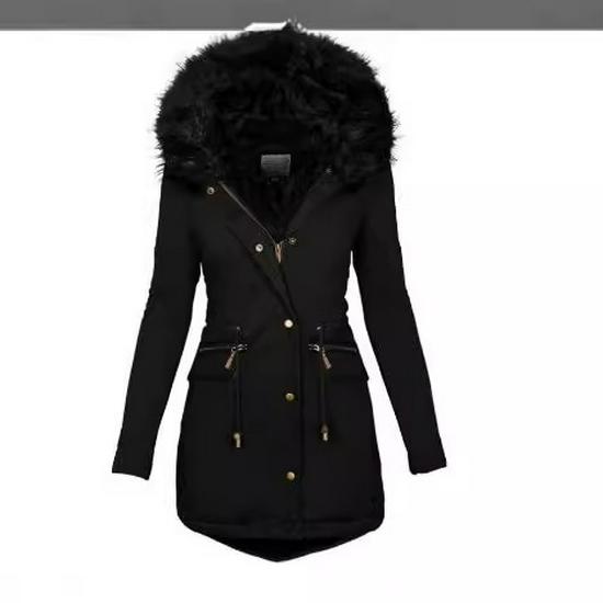 2024 Autumn/Winter Slimming Women's Solid Fur-Collar Hooded Mid-Length Warm Cotton Coat