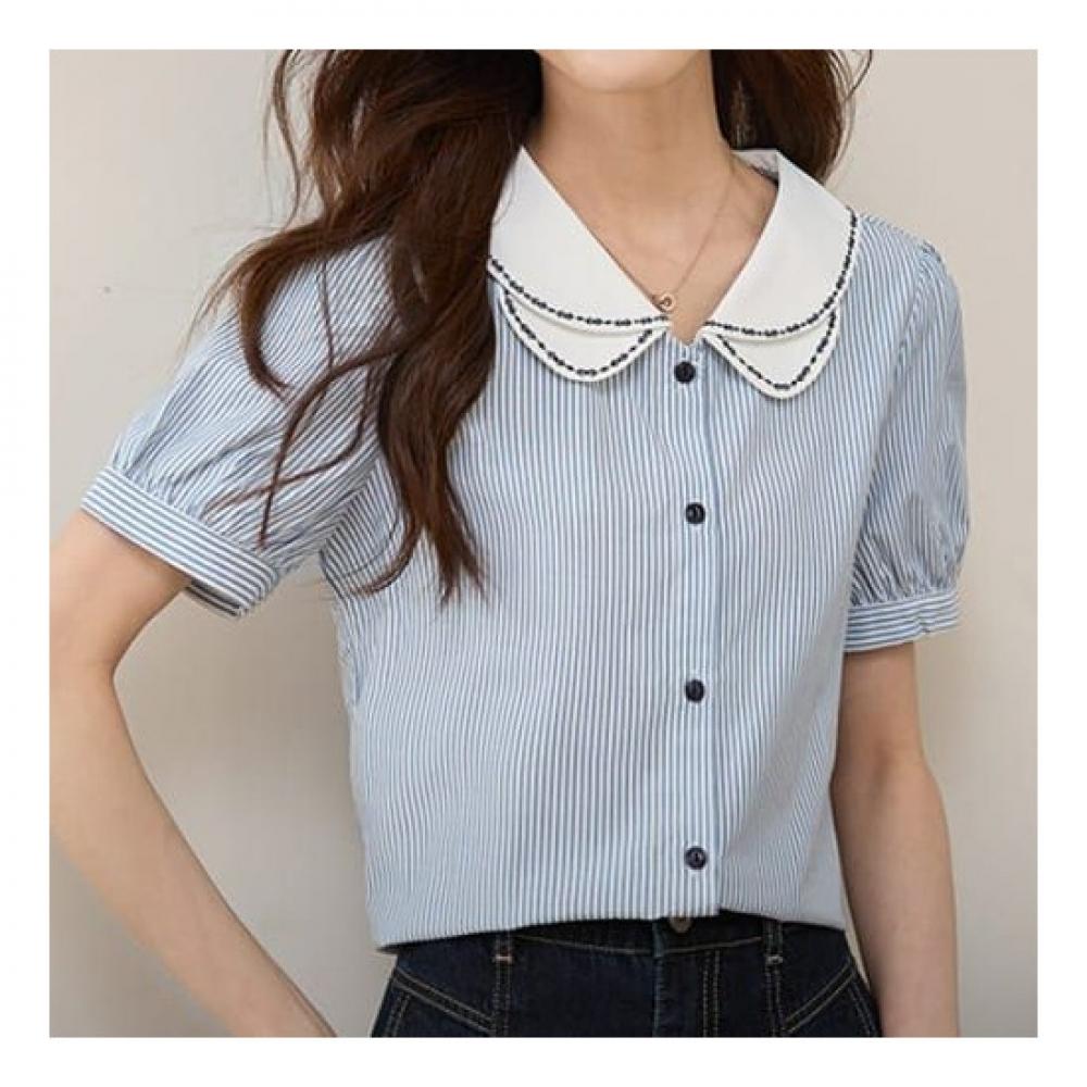 Navava Men Stripe Double Collar Short Sleeve Shirt Nb2154