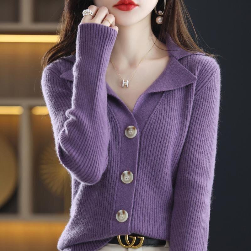 Spring and Autumn New Suit Collar Knitted Cardigan Women's Collar Short Bottom Sweater Jacket Knitted Sweater Outer