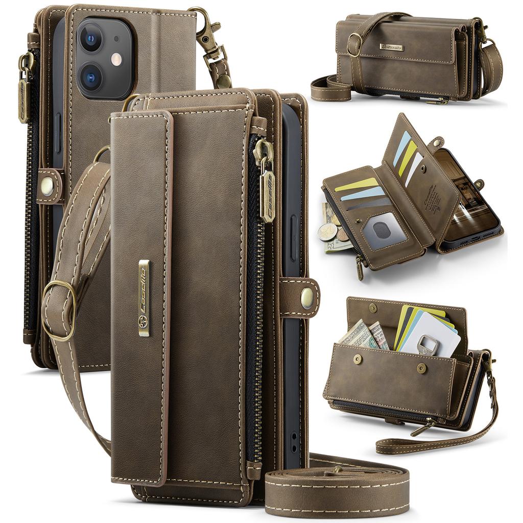 For iPhone 12 Mini 5.4 Inch Case CASEME C39 RFID Blocking Zipper Wallet Stand Leather Cover with Strap