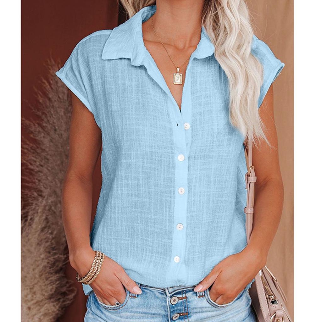 Women's Casual Fashion Short Sleeve Solid Color Single Breasted Shirt Top