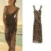 Spring New Hot Sexy V-neck Bottom Slit Lace Decorative Animal Pattern Print Dress 3095145