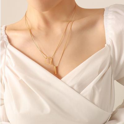 Collar geométrico cuadrilátero cilíndrico de doble capa para mujer, nicho simple apilado cadena clavícula