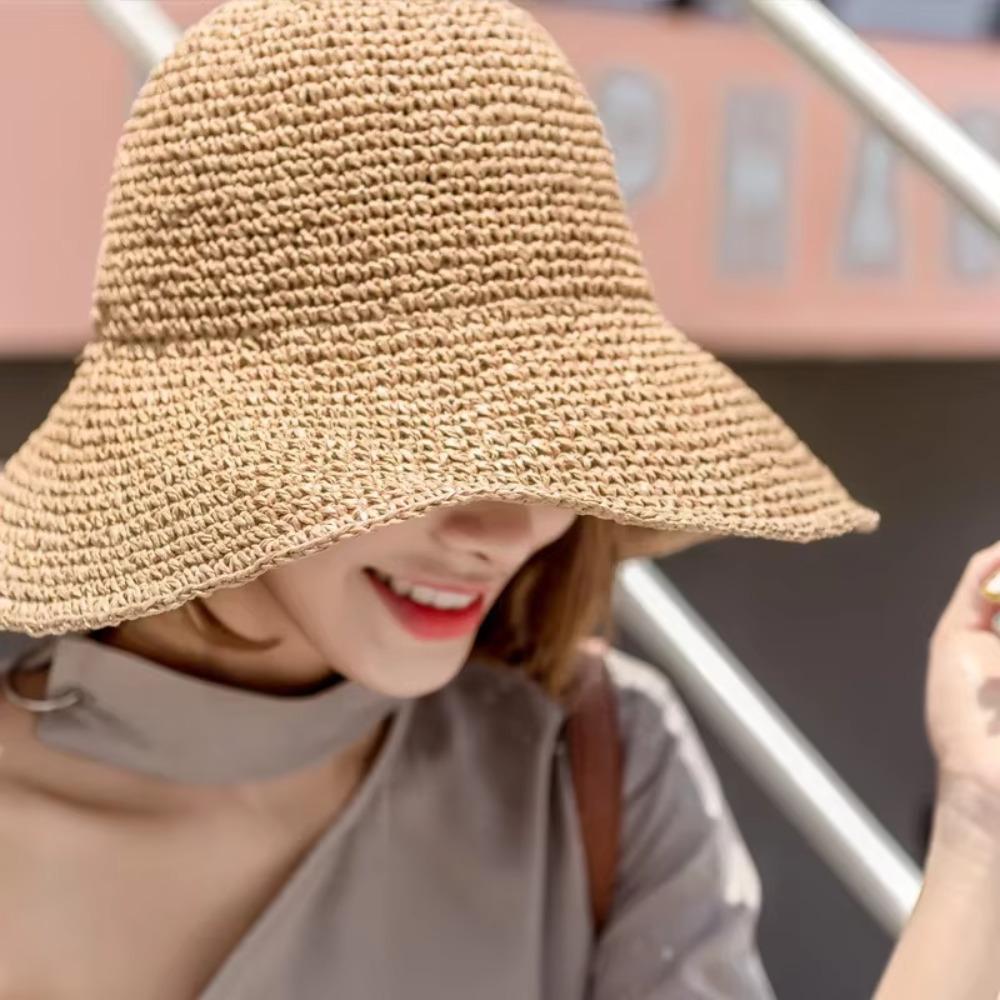 Fashion Woven Straw Hat Wide Brim Foldable Summer Sun Hat UV Protection Breathable Beach Hat for Outdoor Travel Trendy Look