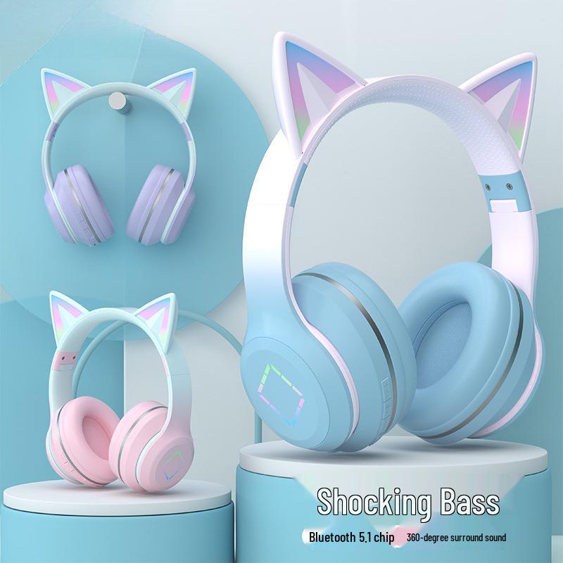 Cuffie Bluetooth Over-Ear con Orecchie da Gatto e Colore Degradé, Lunga Durata della Batteria