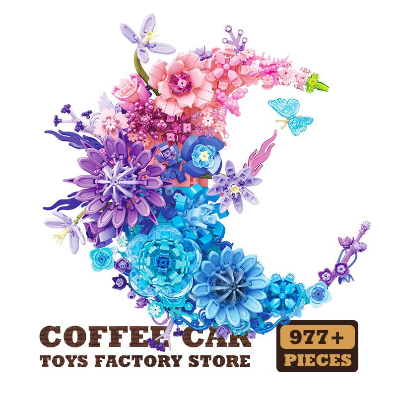 Non-Toxic Creative Moon Flowers Building Blocks Home Decoration Romantic Bouquet Moc Bricks Wall Decor Eternal Plant Children Friend Kid Gifts