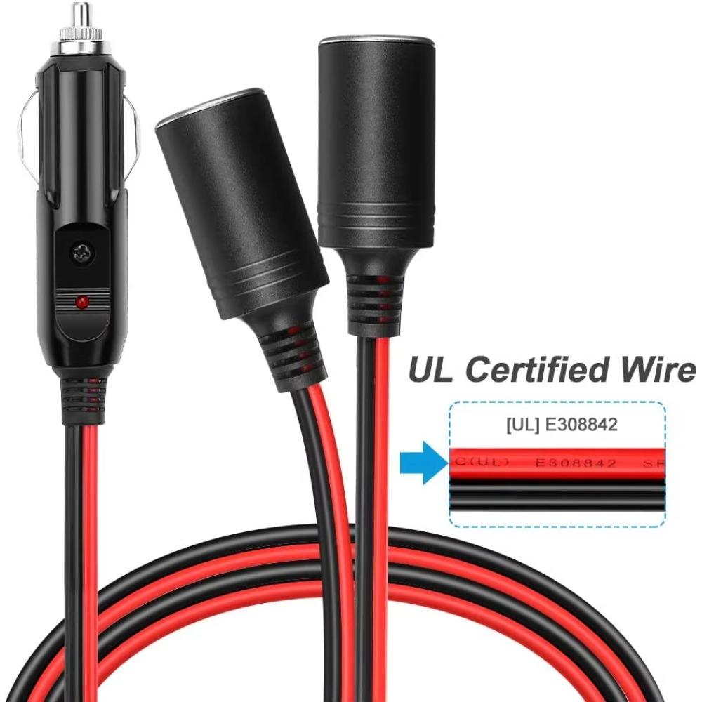 Extractme 1.8M Cigarette Lighter Extension Cord Cable 16AWG UL Wire 2-Way Car Splitter Adapter Power Charger Port with 15A Fuse
