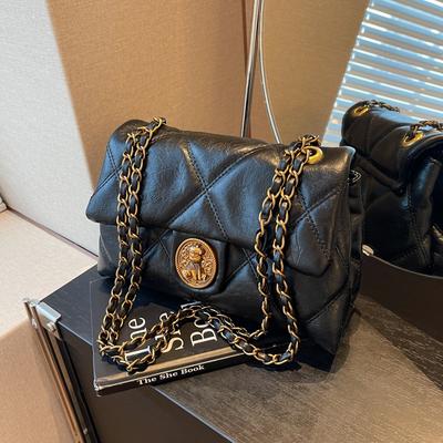Rhombus Chain Bag Women's New Retro Versatile Shoulder Messenger Bag High-end Double Leather Small Square Bag