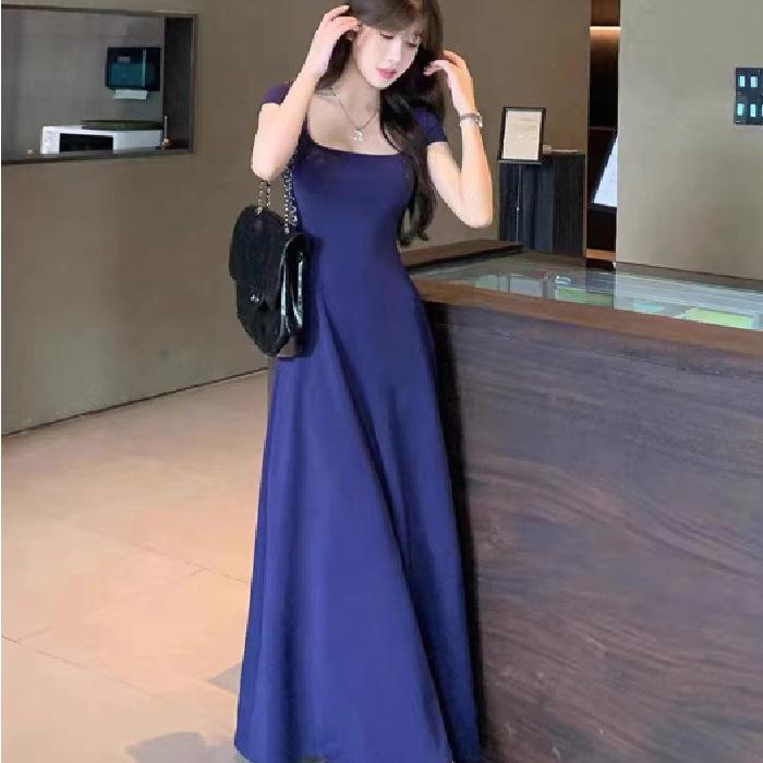 

Blue waist slim dress women s summer niche square neck A-shaped skirt temperament tight hip skirt long skirt S синий