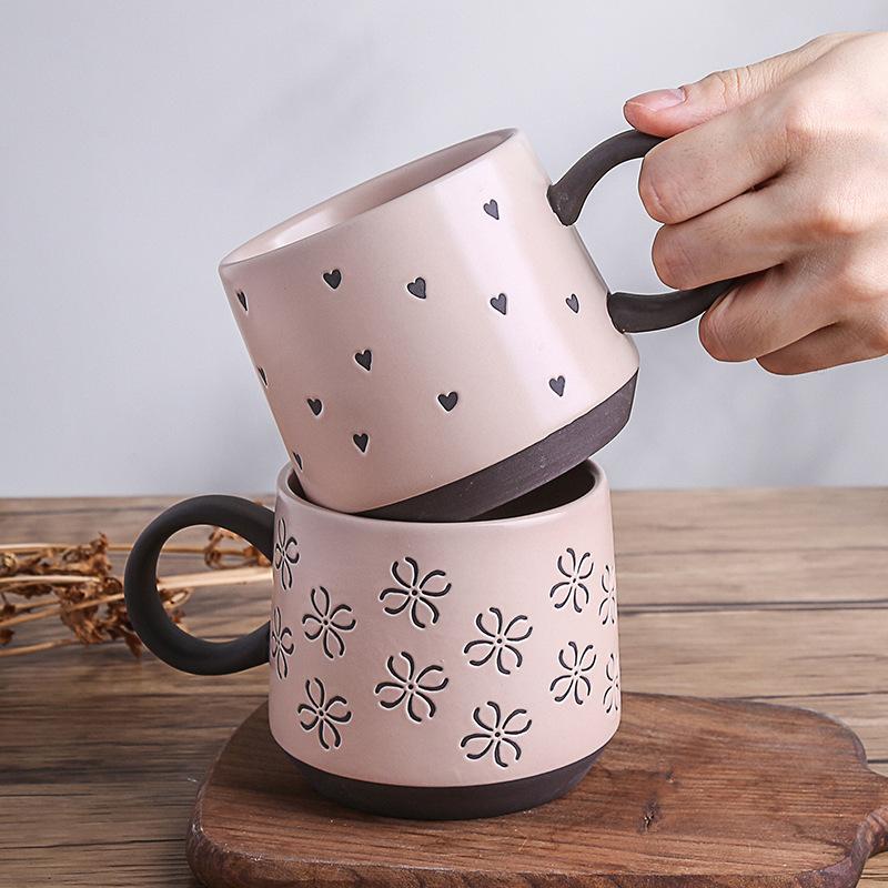 Underglaze Hand Painted Ceramic Mug Set Coarse Pottery Cute Pattern Large Coffee Cup for Couples Matching Pair Gift