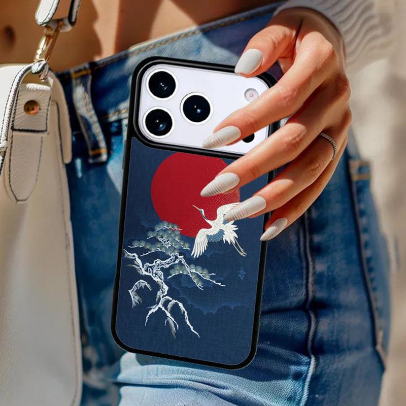 Red Sun Japanese Flying Crane Phone Case For iPhone 17 Air 14 15 13 12 Max Cover For Apple 16e 11 Pro Max Plus Coque