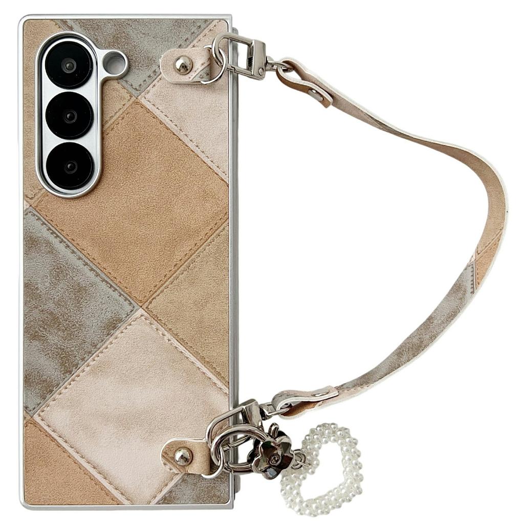 For Samsung Galaxy Z Fold6 5G Case Retro Rhombus PU+PC Phone Cover with Love Pendant and Strap