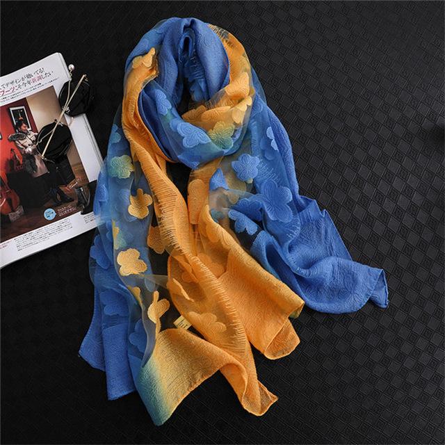 Double-Color Matching Women Scarf 70*190 Cm Female Fashion Cut Flower Hollow Petal Imitation Silk Wool Scarf Versatile Scarf