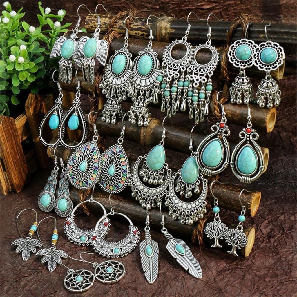 Vintage Style Bohemian Earrings Set with Turquoise Stone Accents and Intricate Metalwork Lightweight Dangle Studs for Everyday Wear
