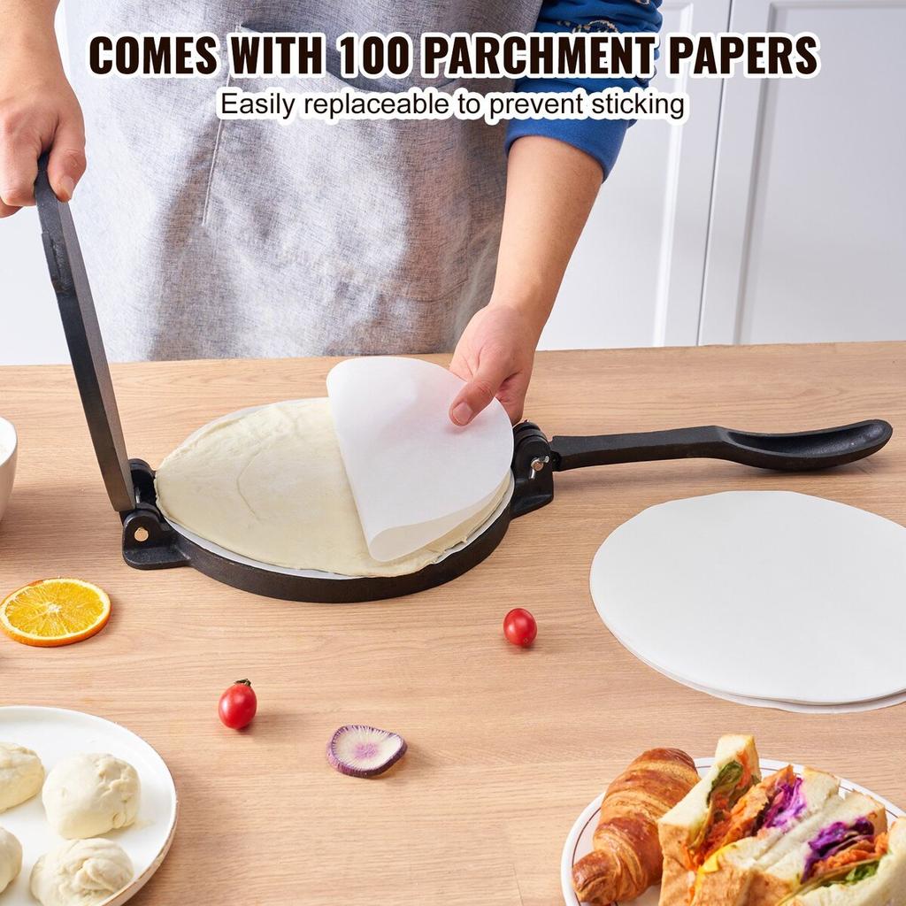 Tortilla Press, 10 Inch Tortilla and Roti Maker, Cast Iron Heavy Duty Tortilladora Press, Pre-Seasoned Pataconera Maker with 100 Pcs Parchment Paper,