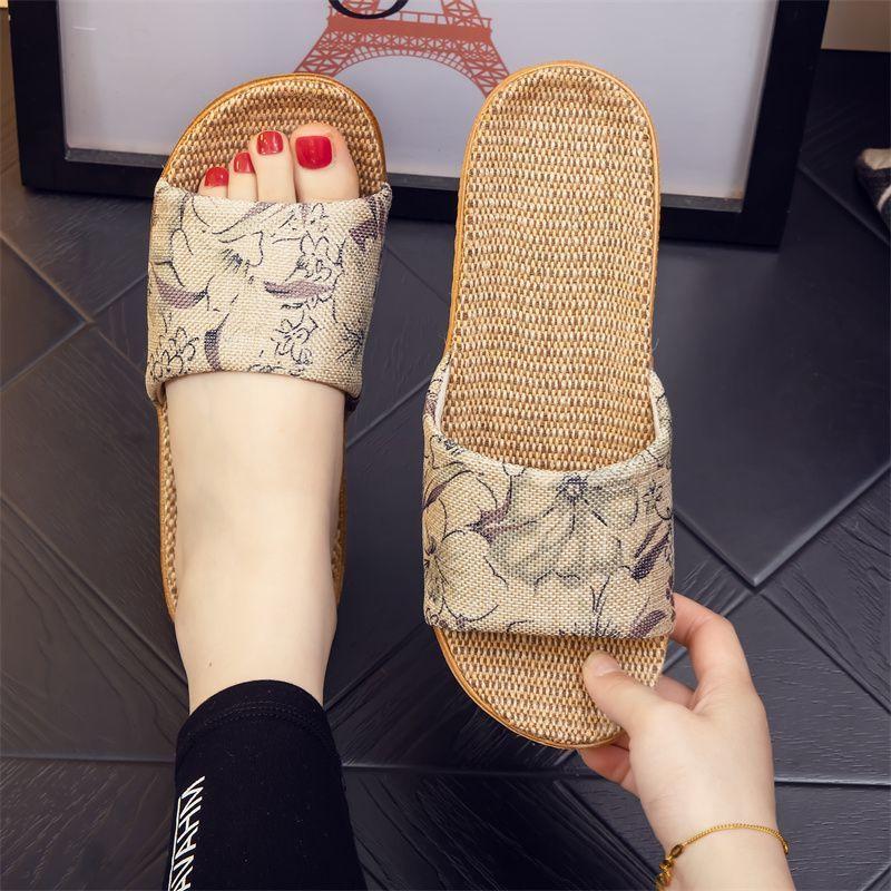 Four Seasons National Style Flax Cool Slippers Couples Breathable Home Use Flat Soft Sole Men's and Women's Confinement Baotou  Confinement Shoes