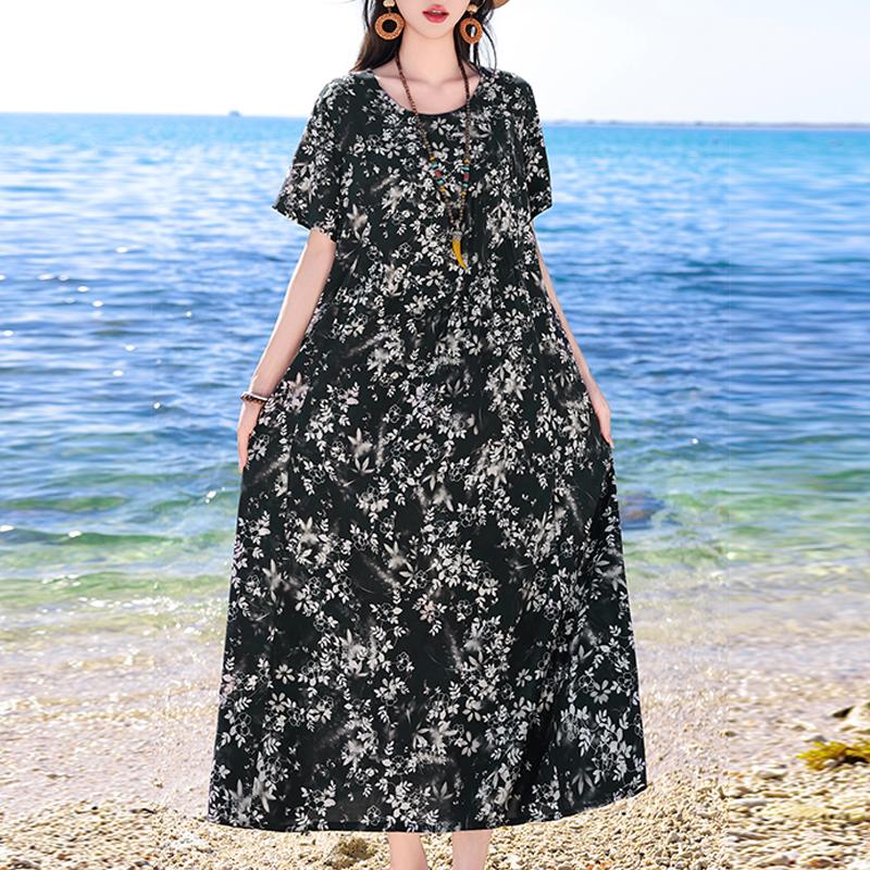 Plus Size Elegant Women's Summer Dress Vintage Clothes Short Sleeve Loose Long Dresses