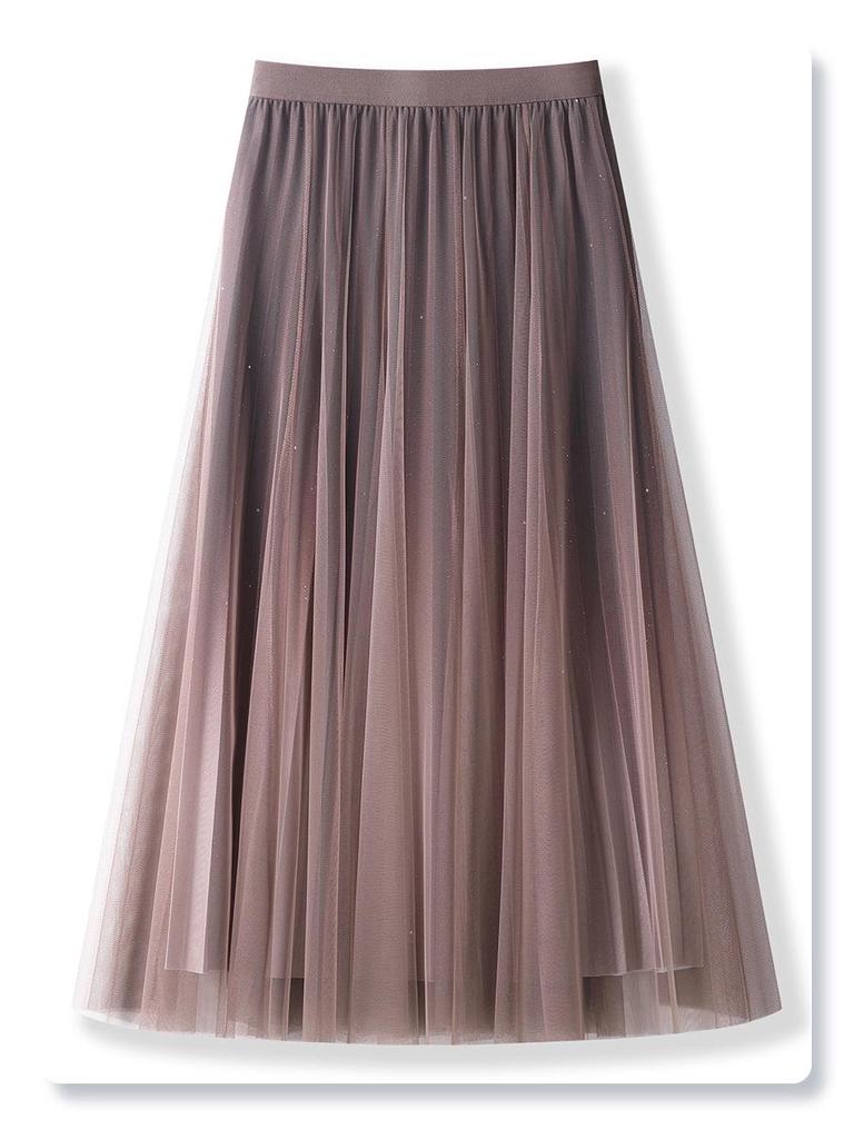 Verlauf Hohe Taille Plissee Midi Rock 2025 Damen Frühling/Herbst Mesh A-Linie Langer Rock