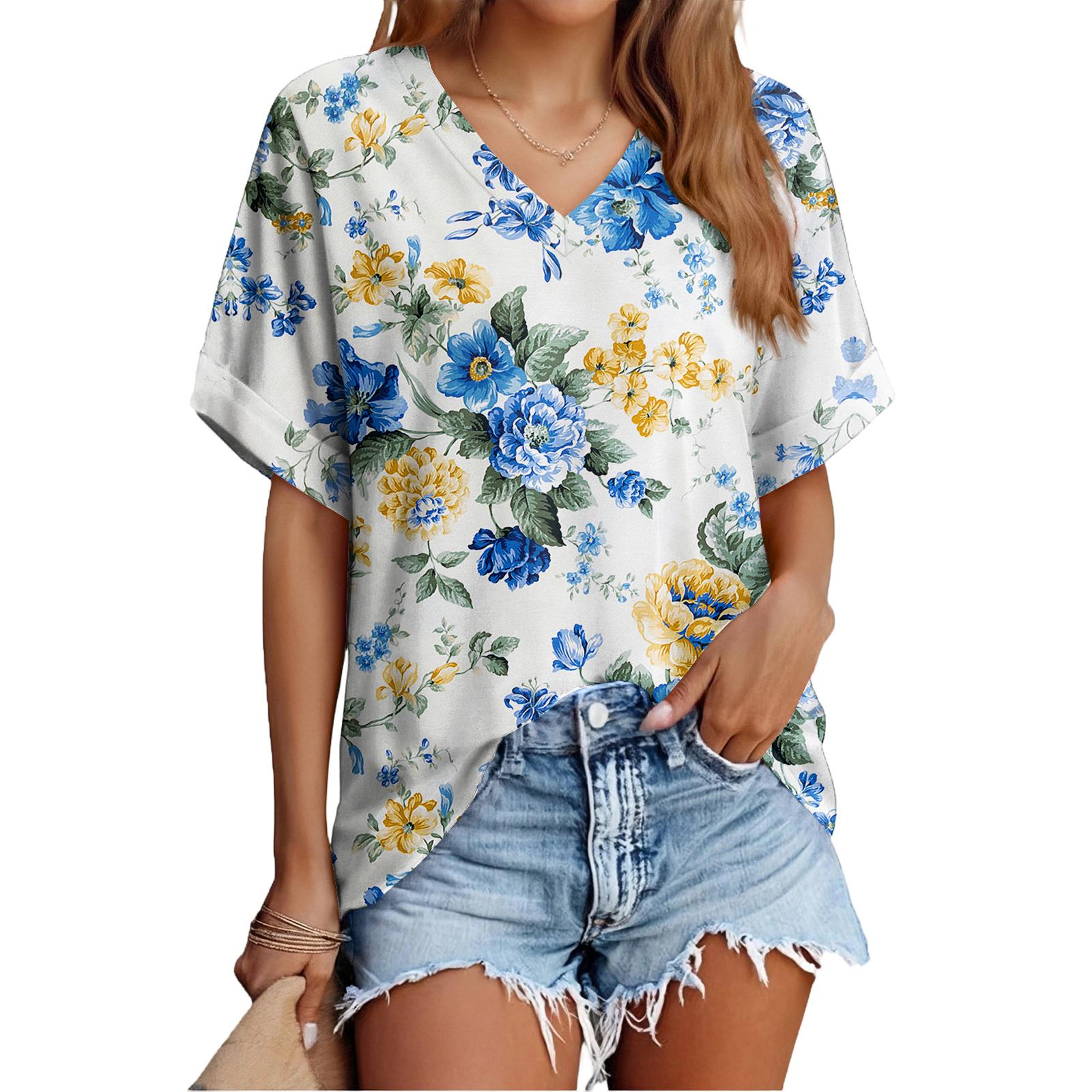 

Women s Fashionable Casual Everyday Versatile Floral Print Slim-Fit Summer Short-Sleeve Top L