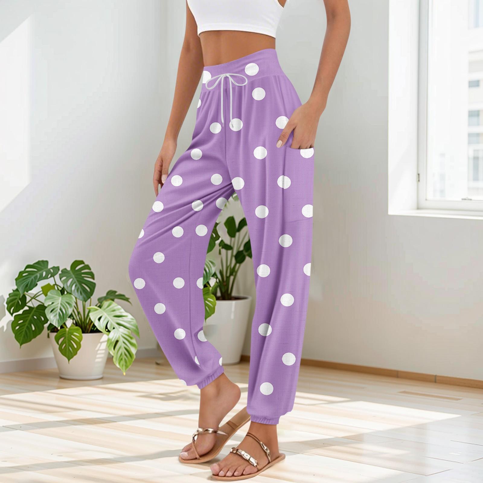 

Женские брюки с карманами и завязками на талии, повседневные брюки для йоги с принтом в горошек XL фиолетовый