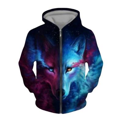 Pánská oversized mikina s kapucí na zip s 3D potiskem vlka, ležérní top s dlouhým rukávem, zimní