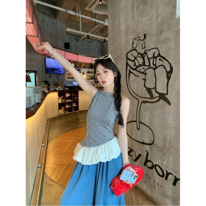 

Женский летний облегающий топ-халтер в клетку пэчворк S