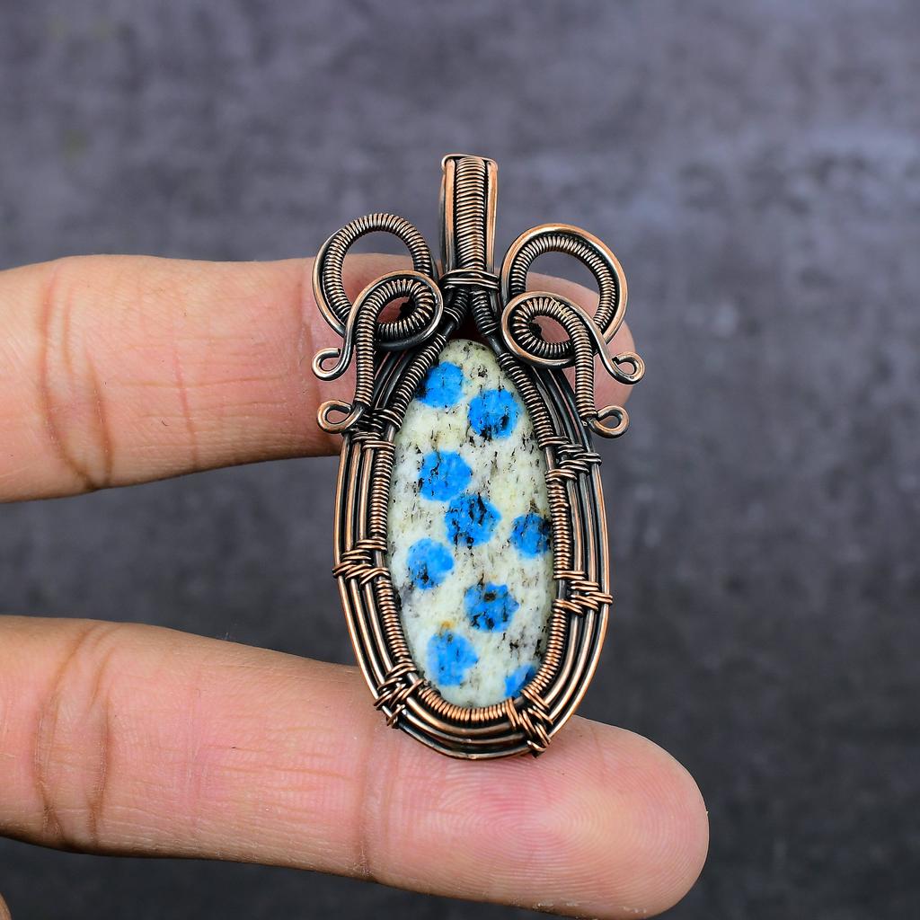 K2 Azurite Gemstone Copper Wire Wrap Jewelry Pendant 2.36" T0B53