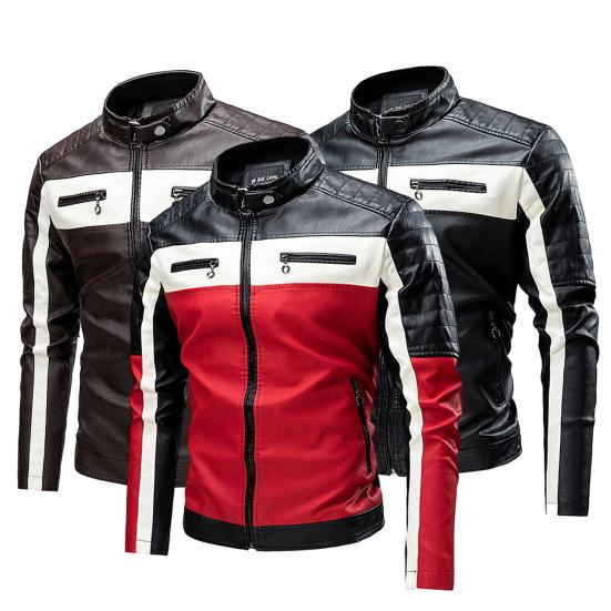 Men Jacket Color Block Slim Windproof Faux Leather Stand Collar Outerwear for Working