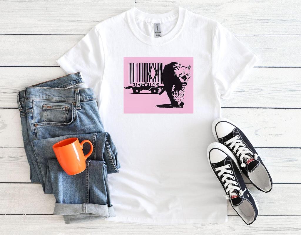 Banksy T Shirt Barcode Leopard Graffiti Street Art Tee Urban Style Graphic Top Cool Unisex Gift Shirt Men Women 4405PC