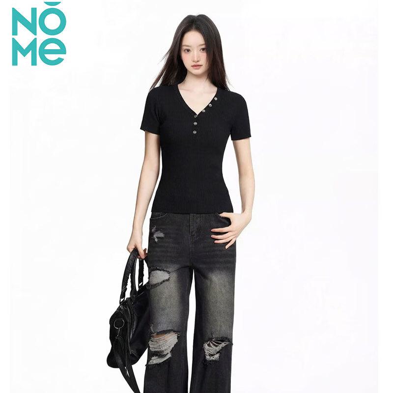 NOMe Women's Ribbed V-Neck Button-Front Short Sleeve T-Shirt