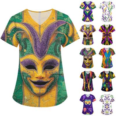 Women's Fashion V-neck Short-sleeved Work Clothes With Pockets Carnival Print Top Care Wear