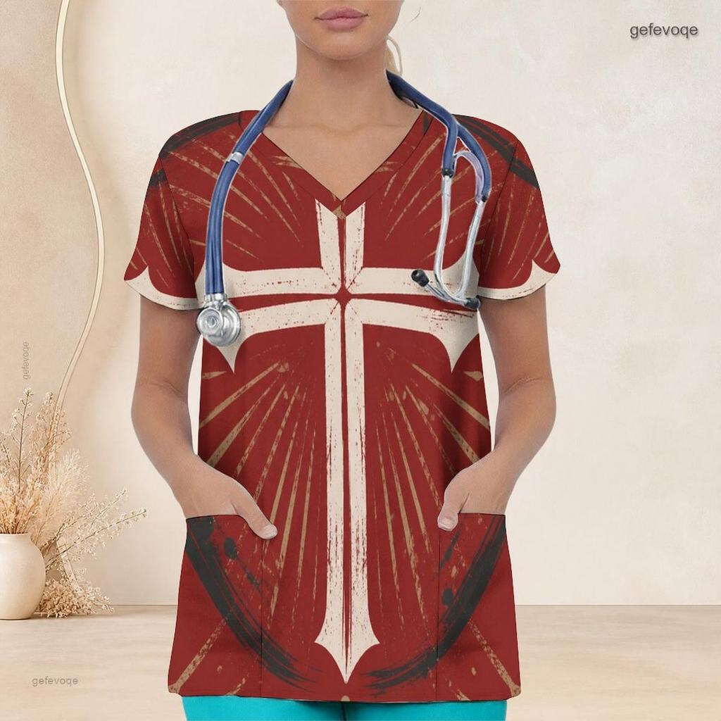 Women Plus Size V Neck Short Sleeve Printed Nurse Scrub Top With Front Pockets