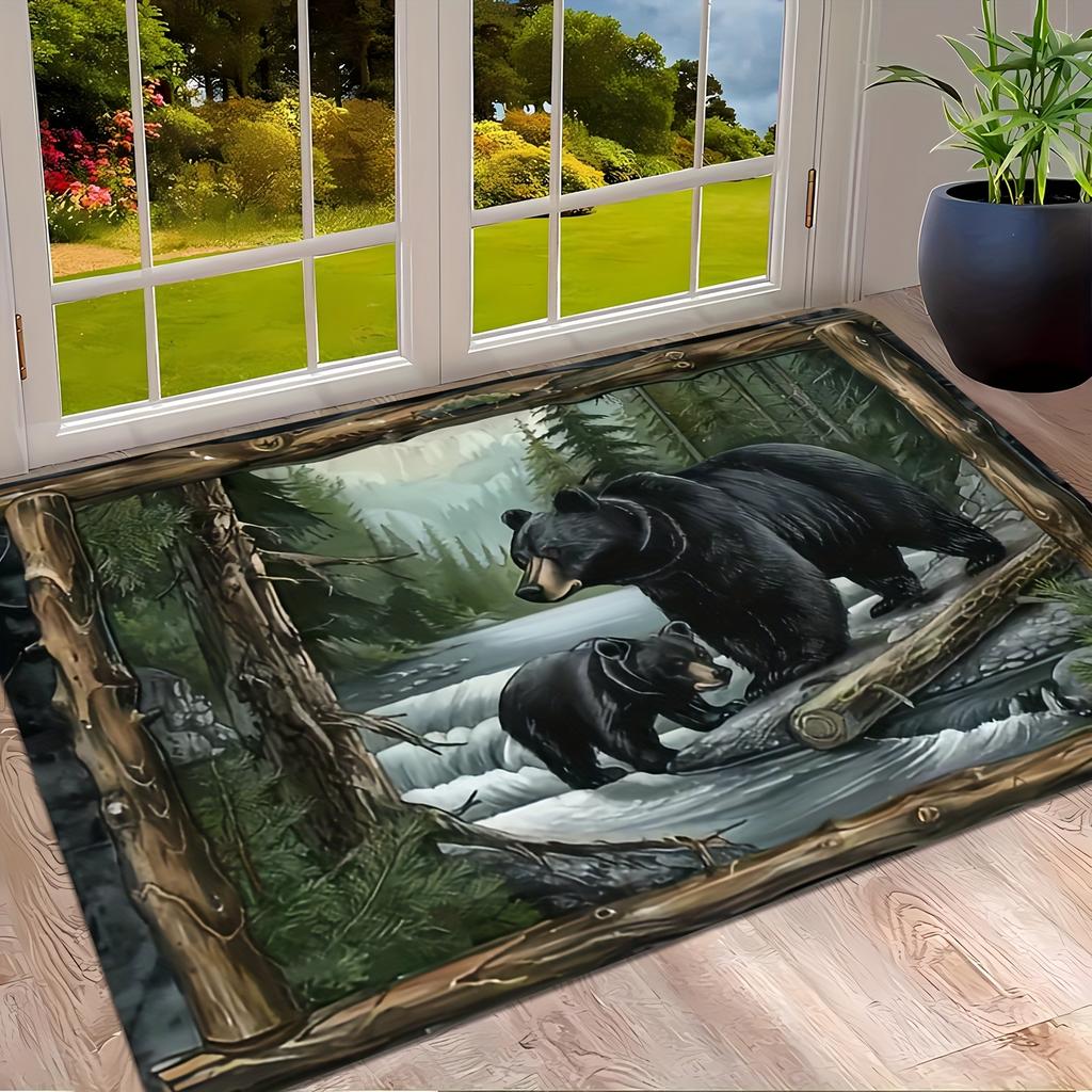 Creative Black Bear Pattern Area Rug - Rustic Animal Decorative Floor Mat for Living Room, Bedroom, Home Office, Non-Slip Mat